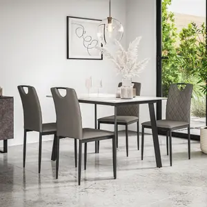 Haydon Extending Dining Table + Chairs- White Marble Effect Table Top w Black Legs + 6 Monza Faux Leather Dining Chairs (Grey)