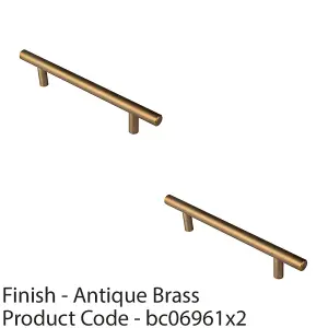 2 PACK - Round T Bar Cabinet Pull Handle 188 x 12mm 128mm Fixing Centres Antique Brass