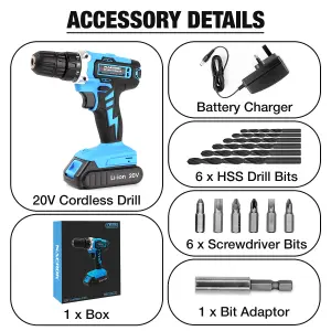 Naerok Cordless Drill 20V Electric Screwdriver Fast Charge 13 Pc Kit Li-Ion Battery Work Light & Charger Included