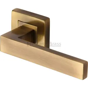 Heritage Door Handle Lever Latch on Square Rose Delta Sq Design (Set of 2) Antique Brass