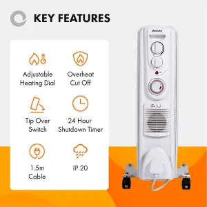 2000W Oil Filled Radiator Portable Fan Heater 5 Fin Timer White