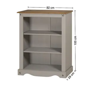 Mercers Furniture Corona Grey Wax Small Bookcase 2 Shelf Open Display Unit Solid Pine with Mexican Styling