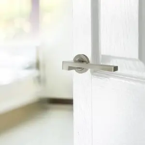 UNO-3 Door Handle Modern Satin Nickel Lever on Rose Internal Handles + 64mm Latch & Hinges