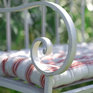 Vintage Cream Iron Arched Back Outdoor Garden Furniture Bench with Red Striped Bench Cushion