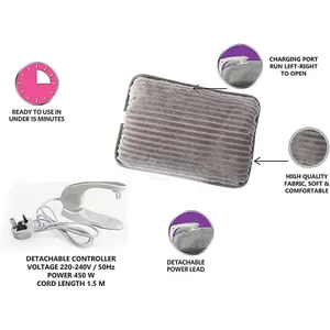 Electric Hot Water Bottle Rechargeable Ultra Plush Bed Hand Warmer Comfortable Massaging Heat Pad Back Pain Cramps Arthritis Grey