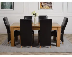 Dakota 182 x 92 cm Chunky Oak Large Dining Table and 6 Chairs Dining Set with Lola Black Leather Chairs