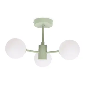 ValueLights Marlow Sage Green 3 Way Ceiling Light with White Frosted Glass Globe Lampshades