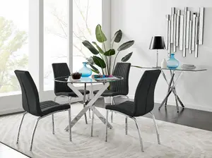 Furniturebox UK Novara Chrome Metal Round Glass Dining Table And 4 Black Isco Dining Chairs