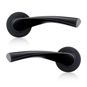 XFORT Matt Black Warped Lever On Rose Door Handles, Door Handle, 1 pair