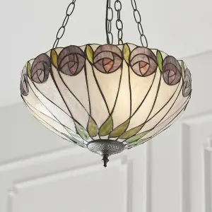 Tiffany Glass 3 Ceiling Light Pendant - Mackintosh Style Rose - Dark Bronze Finish