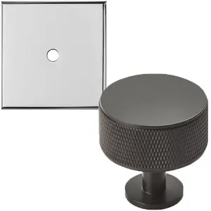 Cabinet Door Knob & Contrasting Backplate Set - Knurled Kitchen Pull - Matt Black & Chrome