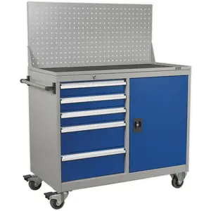 Versatile Industrial Mobile Workstation with 5 Drawers, 1 Shelf, and 4 Wheels for Easy Mobility