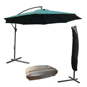 KCT Garden Parasol 3m Large Green Cantilever with Protective Cover and Base