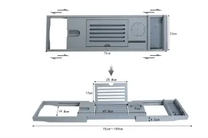 Woodluv Extendable Luxury Bamboo Bathtub Caddy/ Bath Bridge/ Bath Tray With Slotted Design, Grey