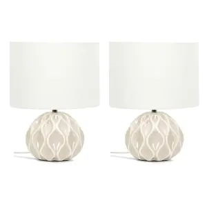 ValueLights Luca Pair of Natural Textured Ceramic Table Lamps with a Cream Fabric Lampshade Bedside Light