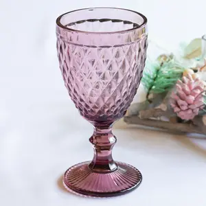 Set of 4 Vintage Luxury Purple Embossed Drinking Short Tumbler & Wine Goblets 270ml