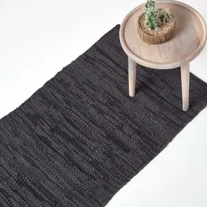 Homescapes Denver Leather Woven Rug Black, 66 x 200 cm