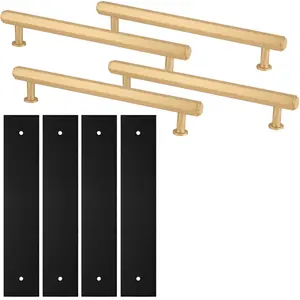 4 PACK - Pull Handle & Contrasting Backplate Set - Industrial Hex T Bar - Satin Brass & Black