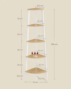 VASAGLE Corner Shelf, Bookcase with 5 Tiers, Ladder Shelf, Storage Shelf, with Steel Frame, Natural Oak Matte White