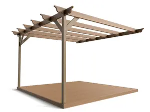 Wall mounted pergola and decking complete diy kit, Ovolo design (3m x 3m, Rustic brown finish)