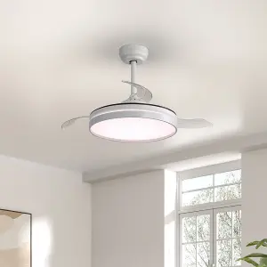 Retractable Ceiling Fan with Lights 42 Inch LED Ceiling Fan Lights with Remote Control and 6 Speed in White