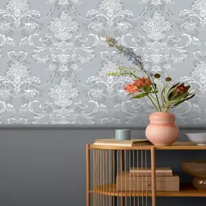 Rasch Amelie Damask Floral Blue White Wallpaper Roll Bedroom Hallway Wall Decor Sample Only