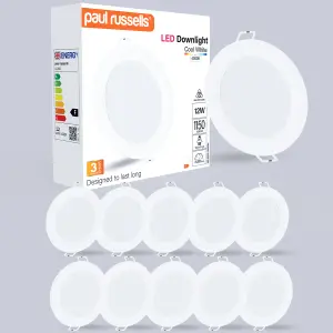 paul russells LED Round Panel Ceiling Lights, 12W 1150 Lumens, Spotlights, IP20, 4000K Cool White, Pack of 10