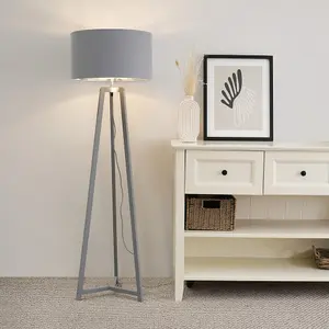 ValueLights Lottie Grey Wood Tripod Floor Lamp with Grey/Chrome Drum Shade