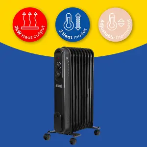 Russell Hobbs Electric Heater 2000W Black 9 Fin Oil Filled Radiator with 2 Year Guarantee RHOFR9004B