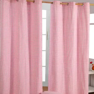 Homescapes Pink Cotton Gingham Eyelet Curtains 117 x 137 cm