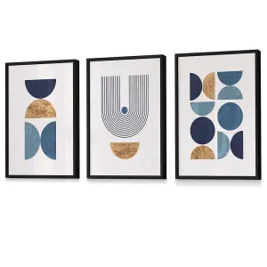 Mid Century Geometric Wall Art Prints in Blue and Gold / 42x59cm (A2) / Black Frame