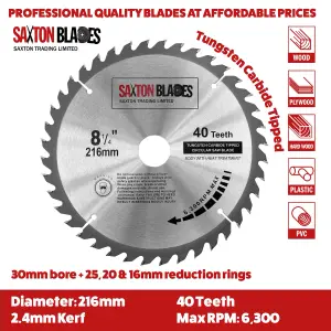 Saxton TCT21640T Saxton TCT Circular Wood Saw Blade 216mm x 40Teeth x 30mm Bore + 16, 20 and 25mm Rings