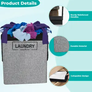 Grey Polyester Large Laundry Hamper Collapsible Laundry Basket - 70L