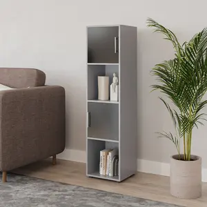 URBNLIVING 119cm Height 4 Cube Bookcase Grey Wooden Black Door Metal Handle Display Storage Shelf