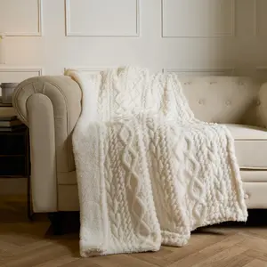 Cable Knit Blanket Sherpa Fleece Plush Supersoft Warm Throw, Cream - 130 x 160cm