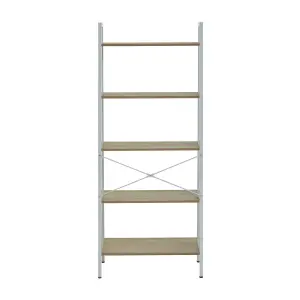 Interiors By Premier Five Tier Natural Oak Veneer Ladder Shelf Unit, Functional Industrial Narrow Shelf, Versatile Tall Cupboard