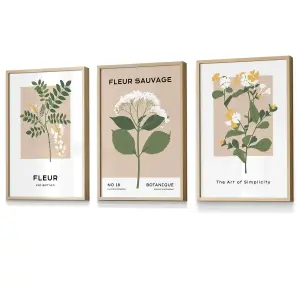 Set of 3 Framed Vintage Graphical Yellow Wild Flower Market / 30x42cm (A3) / Oak