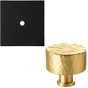 Cabinet Door Knob & Contrasting Backplate Set - Hammered Kitchen Pull - Satin Brass & Matt Black