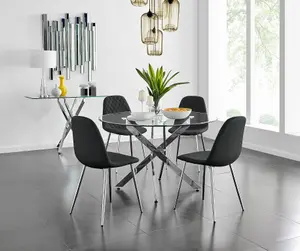 Furniturebox UK Novara Chrome Metal And Glass Large Round Dining Table And 4 Black Corona Silver Chairs Set