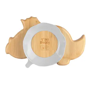 Tiny Dining - Children's Bamboo Suction Dinosaur Plate - Grey