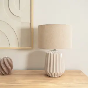 ValueLights Zak Stone Natural Textured Ceramic Bedside Table Lamp with Drum Shade