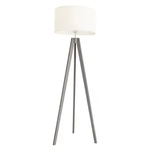 ValueLights Jackson Grey Wood Tripod Floor Lamp with White Fabric Lamp Shade and LED Bulb