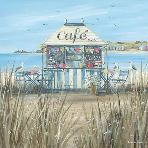 Diane Demirci Beach Cafe Canvas Print Blue/Brown (60cm x 60cm)