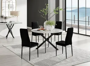 Furniturebox UK Novara White Marble Black Leg 120cm Round Dining Table & 4 Black Velvet Milan Black Leg Chairs