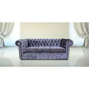 Chesterfield 3 Seater Sofa Settee Senso Dusk Blue Velvet Fabric In Classic Style