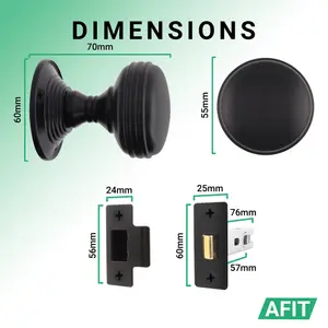 AFIT Lined Door Knob Set Matt Black - 2 Pairs of Mortice Knobs (55mm) & Latch (76mm) for Internal Doors