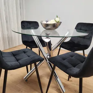 Round Chrome Metal and Clear Glass Dining Table and 4 Black Tufted Velvet Chairs Kitchen Dining Set