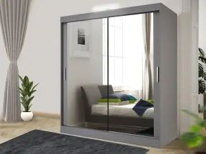 Bedroom Sliding Wardrobe with LED - Storage Space & Sleek Design comes in Width 100cm/120cm/150cm/180cm/203cm/250cm (Grey, 150cm)