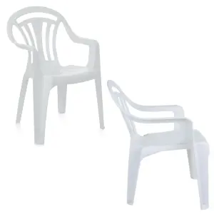 8 x White Stackable Plastic Low Back Garden Chairs For Patios & Outdoor Picnics