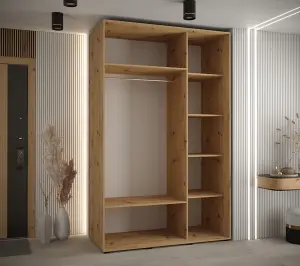 Cannes IV Elegant Oak Artisan Sliding Door Wardrobe 1500mm H2050mm D600mm with Black Steel Handles and Decorative Strips